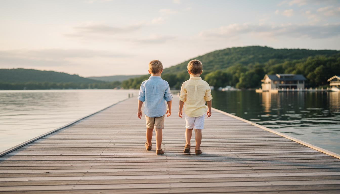 Two boys walking along a lakeside dock